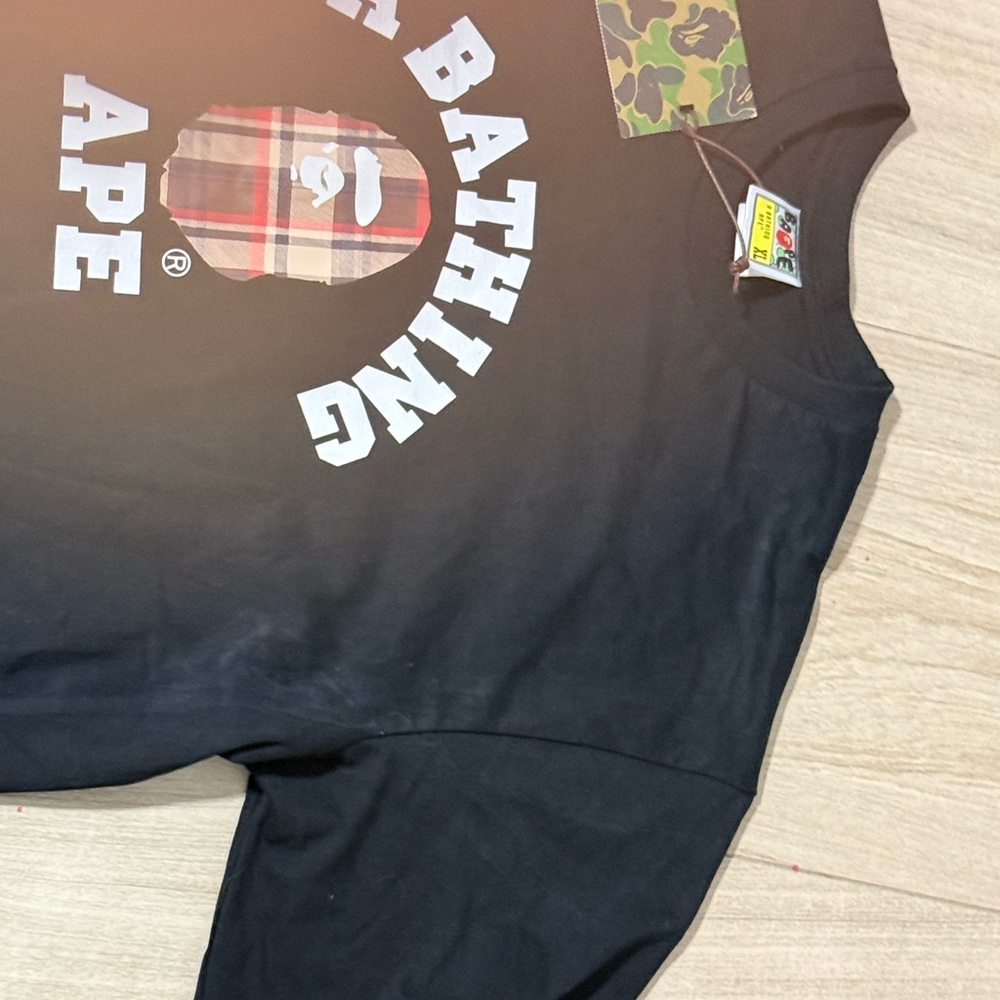 Bape Black Short Sleeve Graphic Tee with Plaid Ape Logo